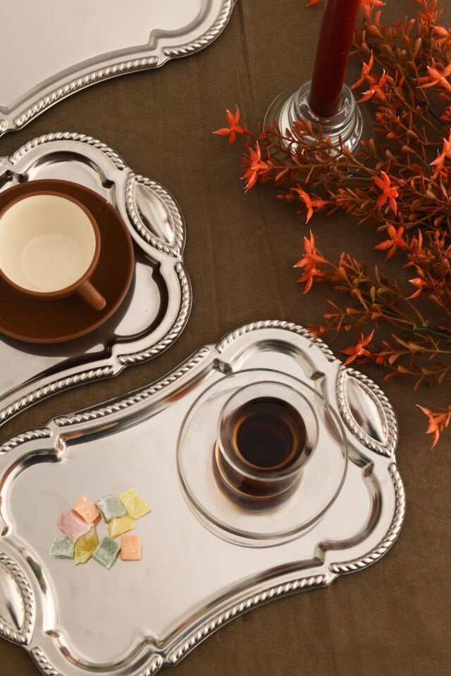 Liven Paslanmaz Dikdörtgen Burgu Desen Sunum Tepsisi Gümüş 3 Lü Takım