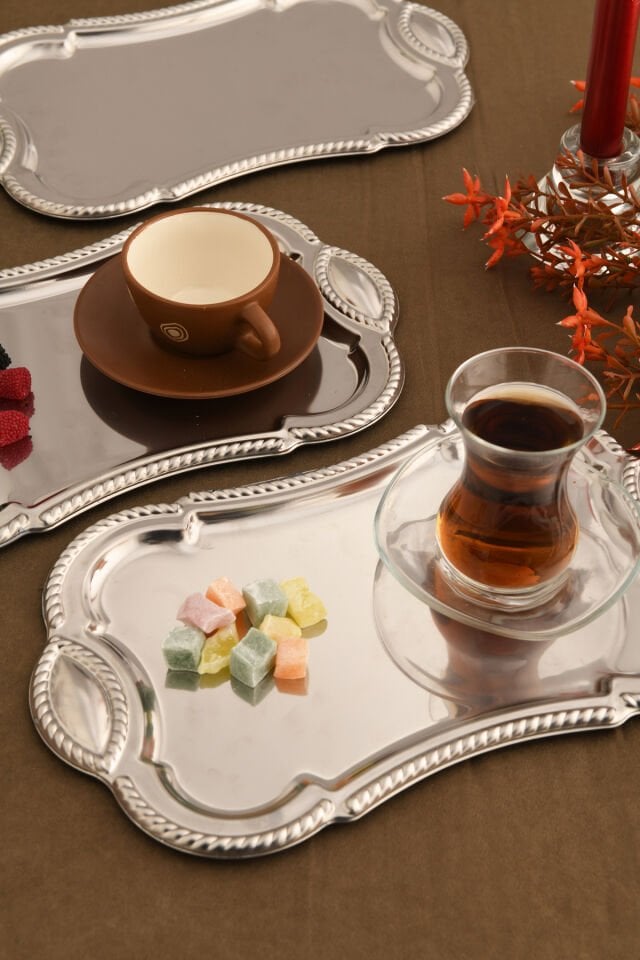 Liven Paslanmaz Dikdörtgen Burgu Desen Sunum Tepsisi Gümüş 3 Lü Takım