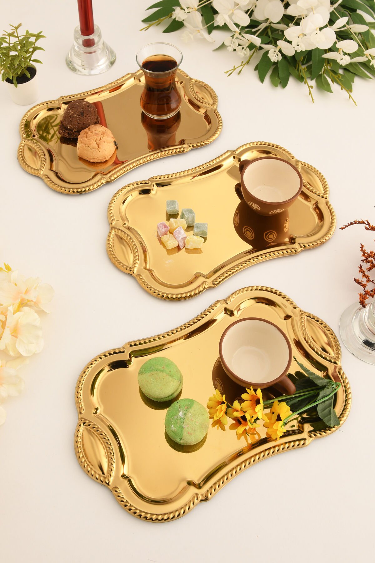 Liven Paslanmaz Dikdörtgen Burgu Desen Sunum Tepsisi 3 Lü Takım