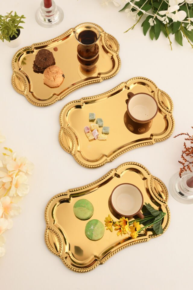 Liven Paslanmaz Dikdörtgen Burgu Desen Sunum Tepsisi 3 Lü Takım