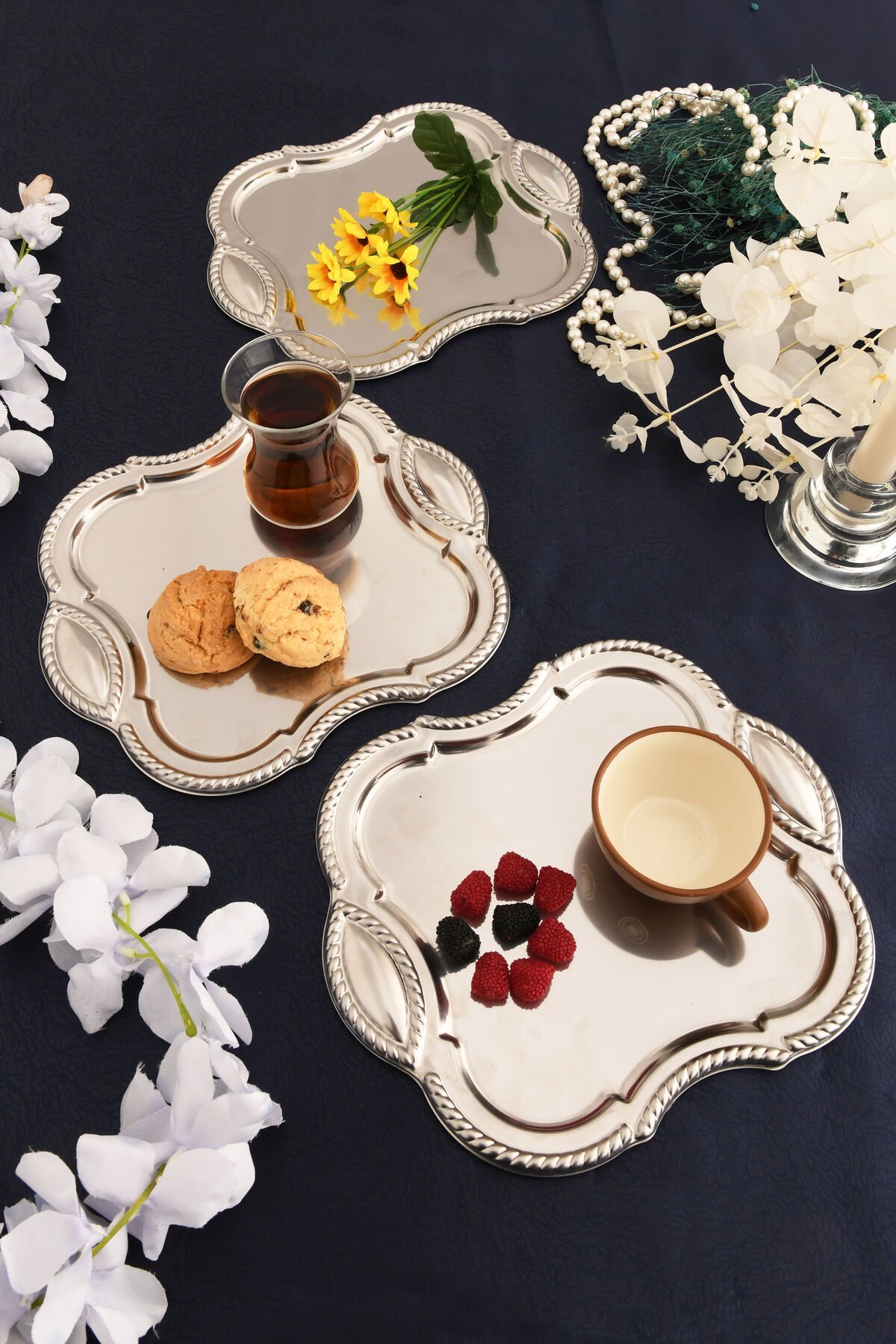 Vezan Paslanmaz Kare Burgu Desen Sunum Tepsisi 3 Lü Takım