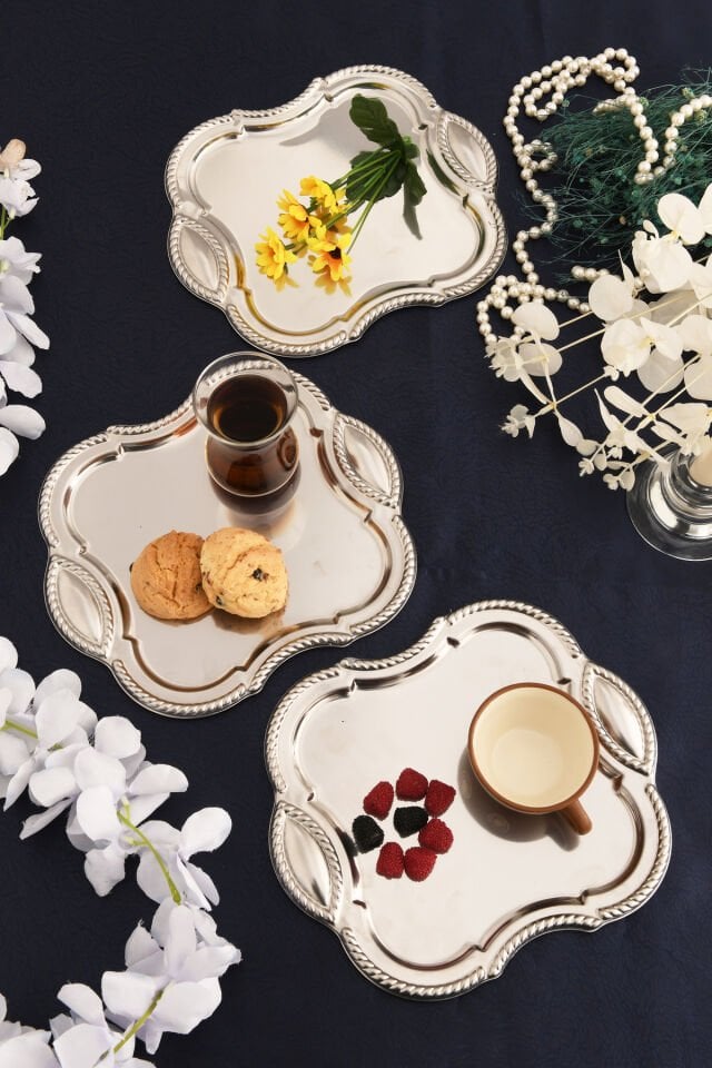 Vezan Paslanmaz Kare Burgu Desen Sunum Tepsisi 3 Lü Takım