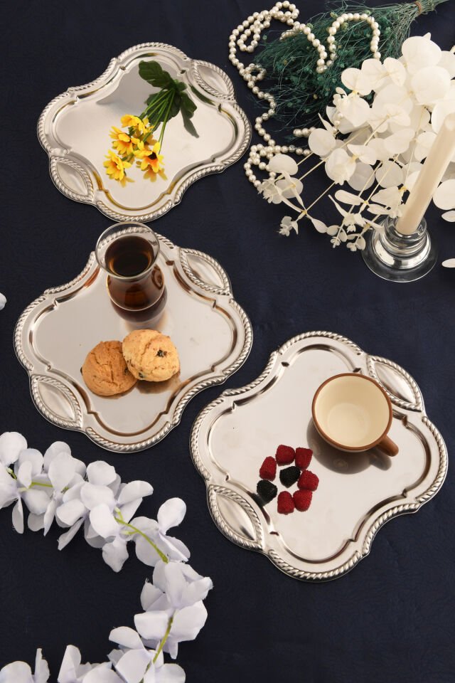 Vezan Paslanmaz Kare Burgu Desen Sunum Tepsisi 3 Lü Takım