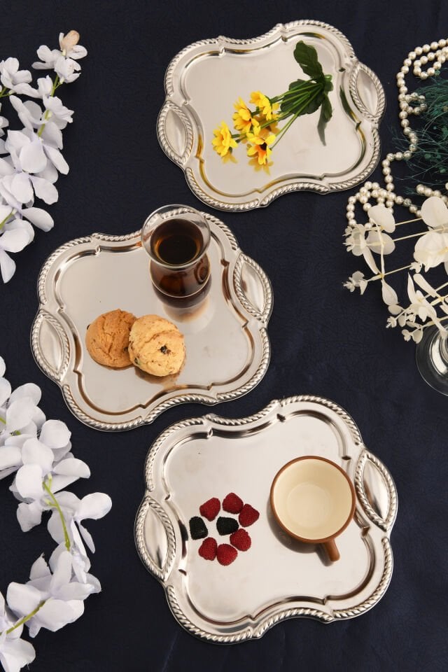 Vezan Paslanmaz Kare Burgu Desen Sunum Tepsisi 3 Lü Takım