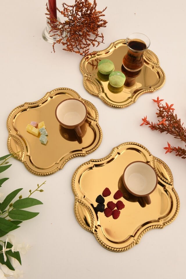 Vezan Paslanmaz Kare Burgu Desen Sunum Tepsisi Gold 3 Lü Takım