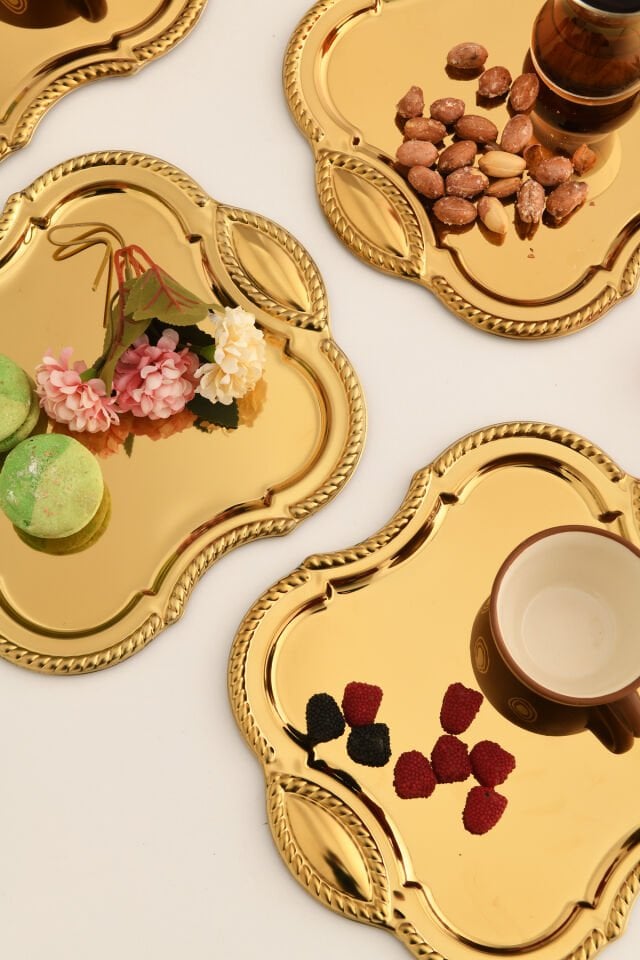 Vezan Paslanmaz Kare Burgu Desen Sunum Tepsisi Gold 3 Lü Takım