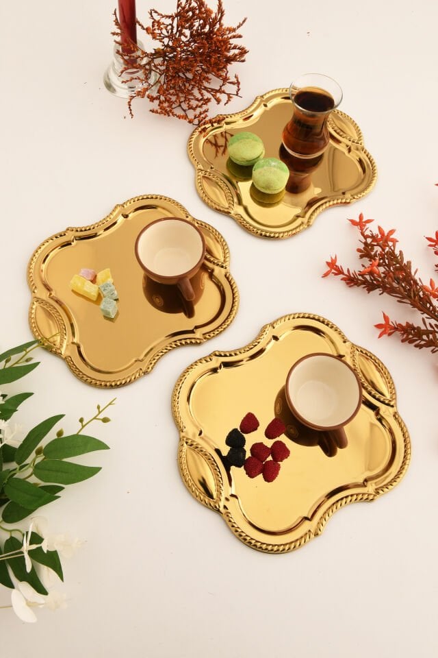 Vezan Paslanmaz Kare Burgu Desen Sunum Tepsisi Gold 3 Lü Takım