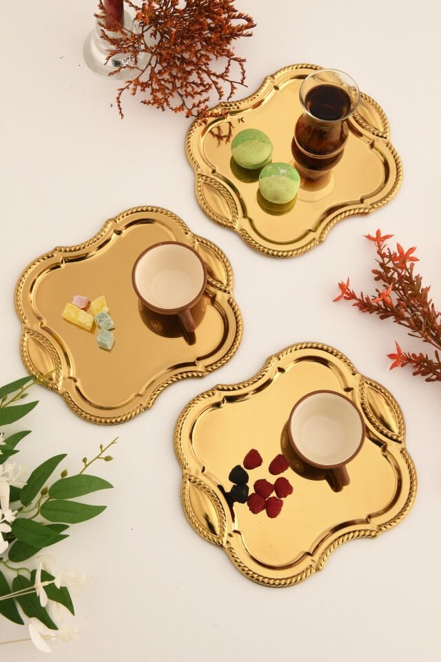 Vezan Paslanmaz Kare Burgu Desen Sunum Tepsisi Gold 3 Lü Takım