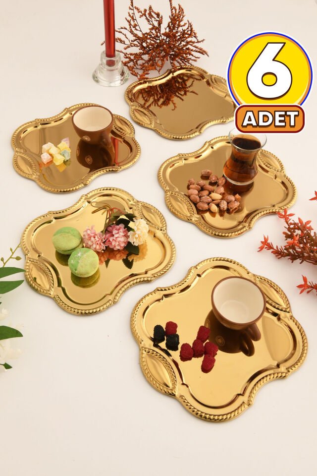 Vezan Paslanmaz Kare Burgu Desen Sunum Tepsisi Gold 6 Lı Takım