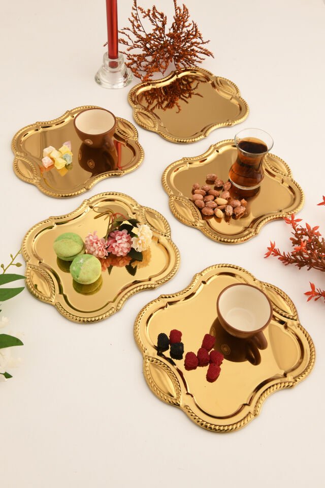 Vezan Paslanmaz Kare Burgu Desen Sunum Tepsisi Gold 6 Lı Takım