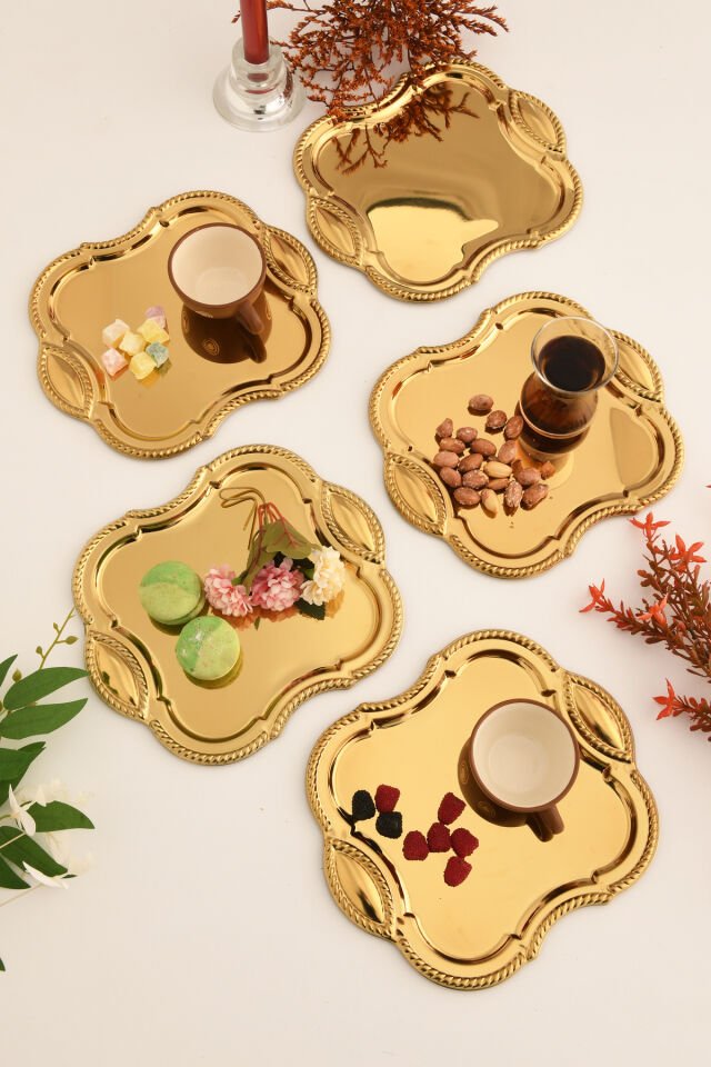 Vezan Paslanmaz Kare Burgu Desen Sunum Tepsisi Gold 6 Lı Takım