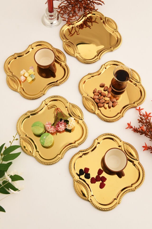 Vezan Paslanmaz Kare Burgu Desen Sunum Tepsisi Gold 6 Lı Takım