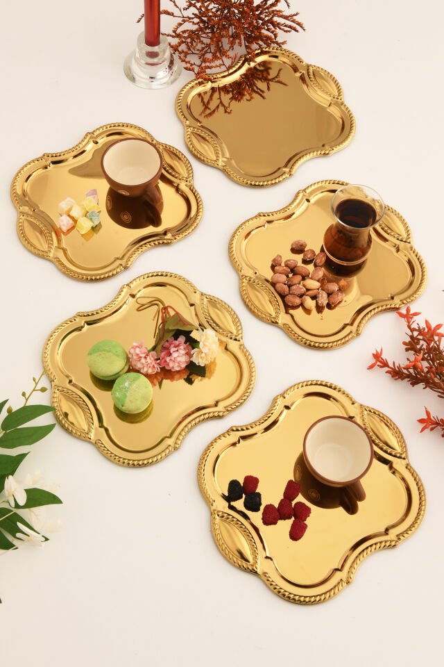 Vezan Paslanmaz Kare Burgu Desen Sunum Tepsisi Gold 6 Lı Takım