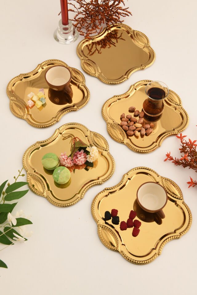 Vezan Paslanmaz Kare Burgu Desen Sunum Tepsisi Gold 6 Lı Takım