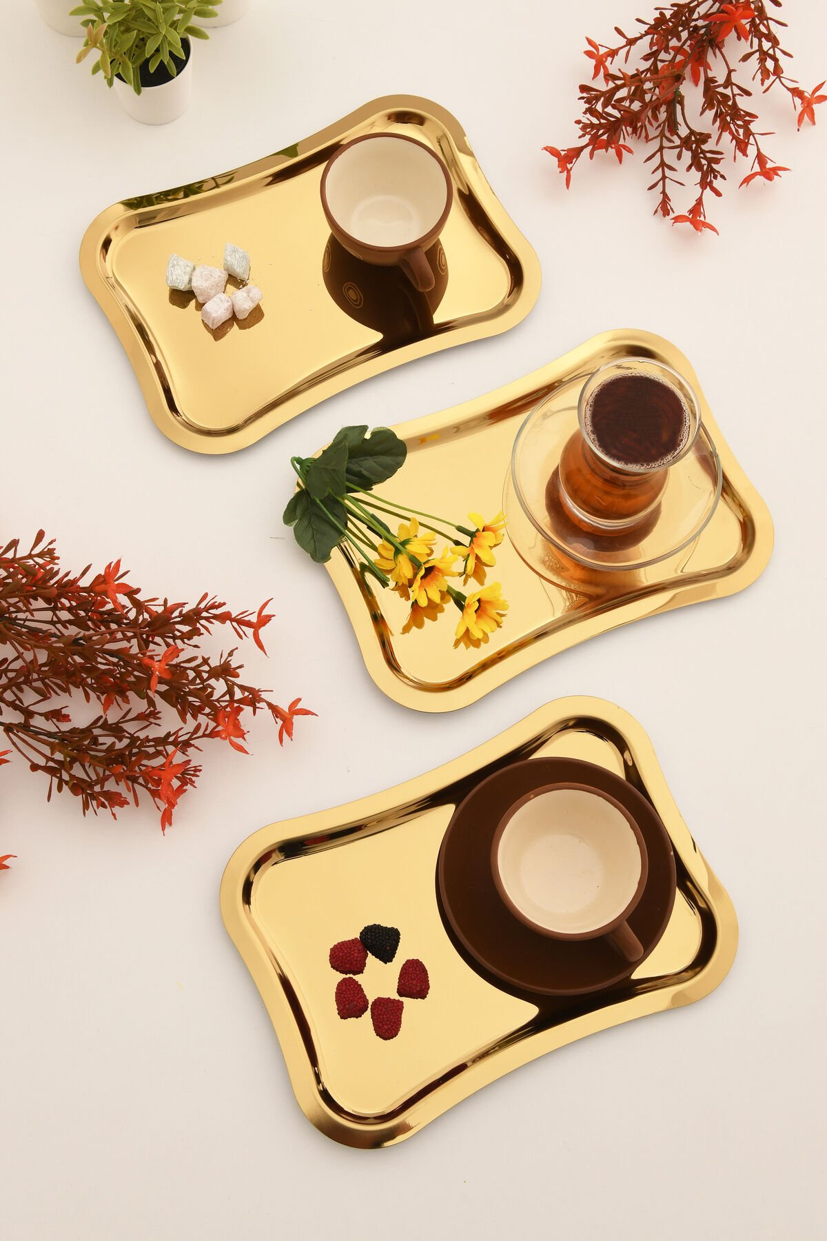 Naldo Paslanmaz Italyan Model Hakve Sunum Tepsisi Gold 3 Lü Takım