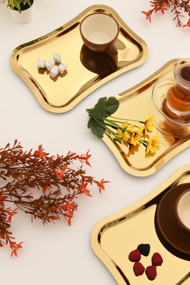 Naldo Paslanmaz Italyan Model Hakve Sunum Tepsisi Gold 3 Lü Takım