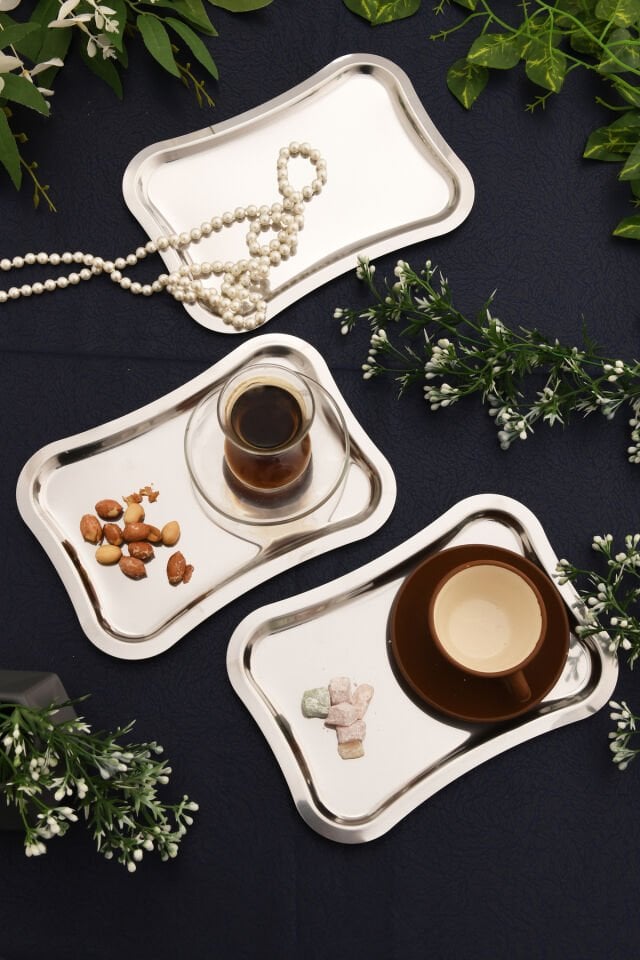 Naldo Paslanmaz Italyan Model Kahve Sunum Tepsisi Gümüş 3 Lü Takım
