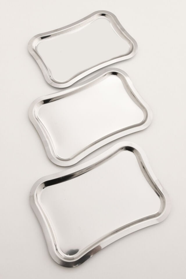 Naldo Paslanmaz Italyan Model Kahve Sunum Tepsisi Gümüş 3 Lü Takım