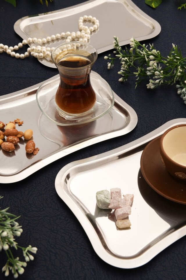 Naldo Paslanmaz Italyan Model Kahve Sunum Tepsisi Gümüş 3 Lü Takım