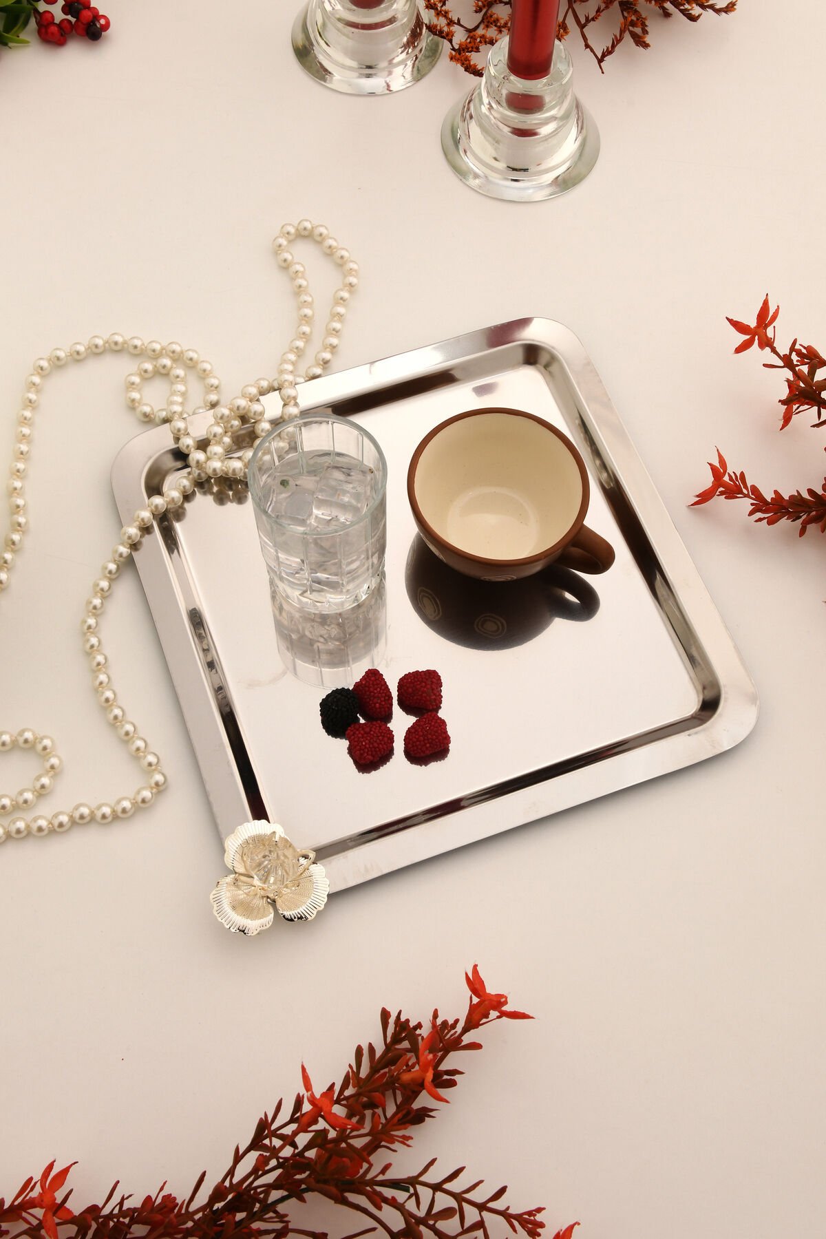 Anter Paslanmaz Taşlı Kare Model Kahve Sunum Tepsisi Gümüş 1 Adet