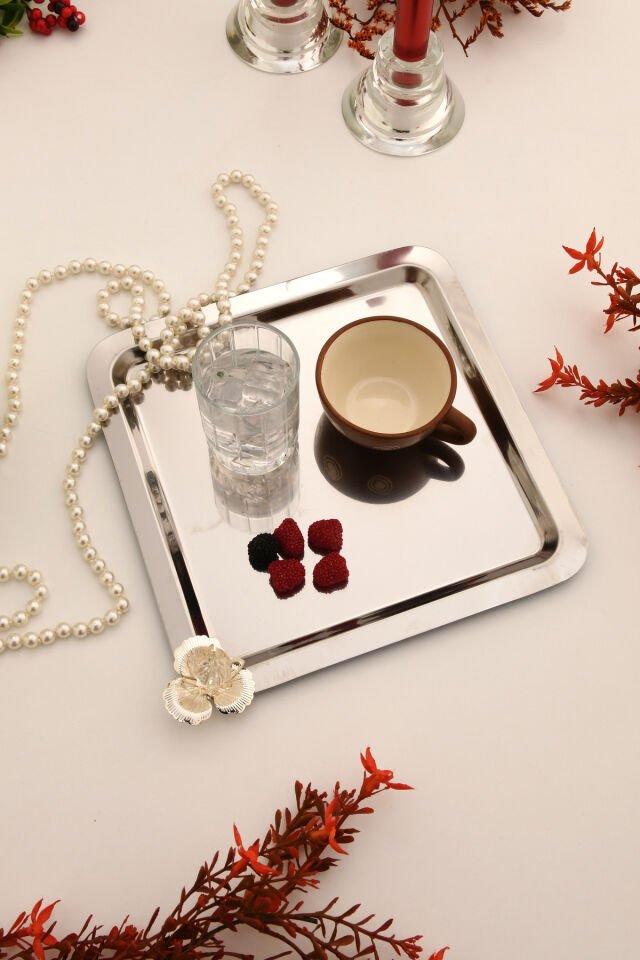 Anter Paslanmaz Taşlı Kare Model Kahve Sunum Tepsisi Gümüş 1 Adet