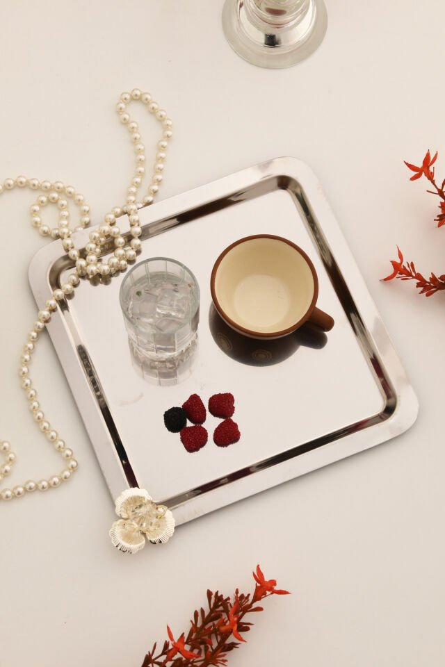 Anter Paslanmaz Taşlı Kare Model Kahve Sunum Tepsisi Gümüş 1 Adet