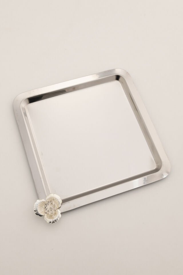 Anter Paslanmaz Taşlı Kare Model Kahve Sunum Tepsisi Gümüş 1 Adet