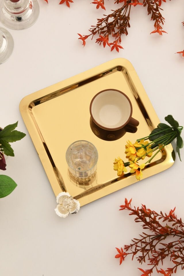 Anter Paslanmaz Taşlı Kare Model Kahve Sunum Tepsisi Gold 1 Adet