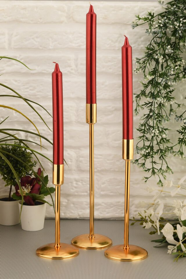 Gianno Dekoratif Düz Tij Mumluk 3 Lü Takım Gold