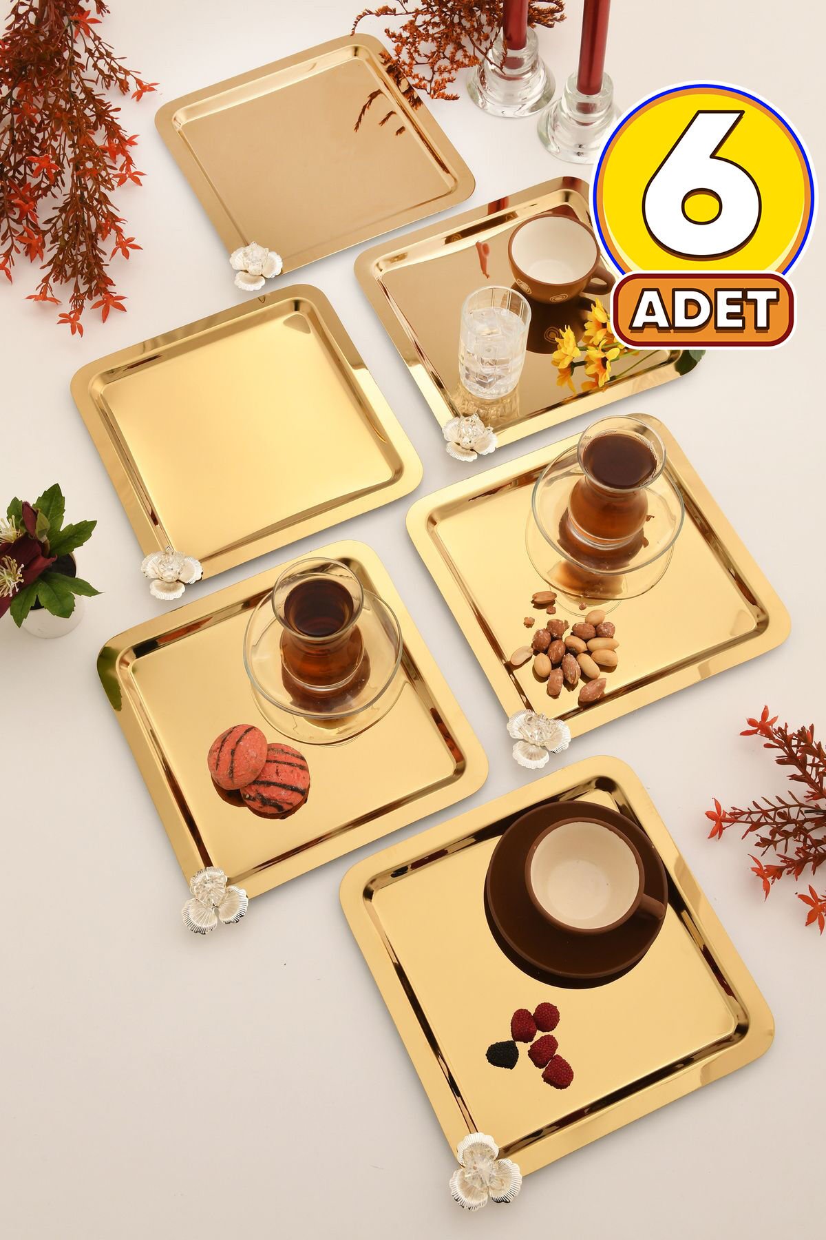 Anter 6 Adet Paslanmaz Kahve Sunum Tepsisi Kare Taşlı Model