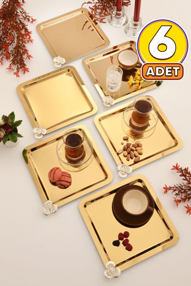 Anter 6 Adet Paslanmaz Kahve Sunum Tepsisi Kare Taşlı Model