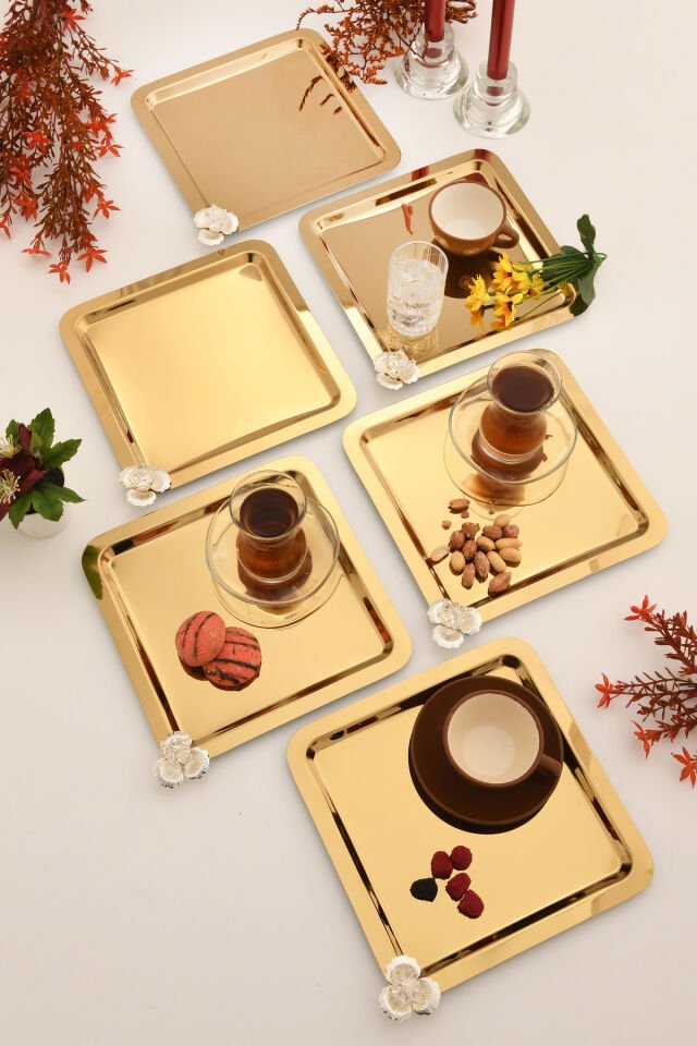 Anter 6 Adet Paslanmaz Kahve Sunum Tepsisi Kare Taşlı Model