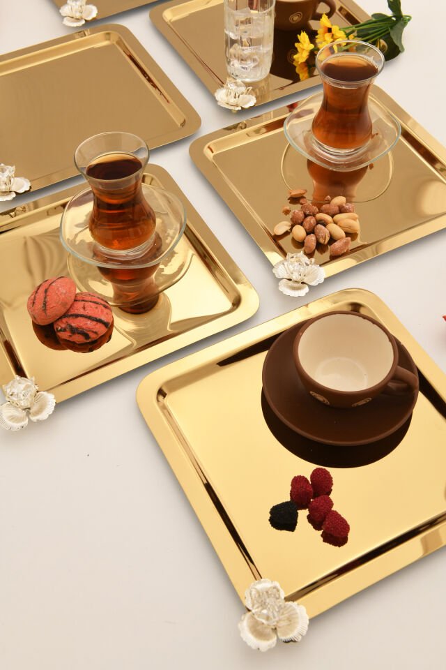 Anter 6 Adet Paslanmaz Kahve Sunum Tepsisi Kare Taşlı Model