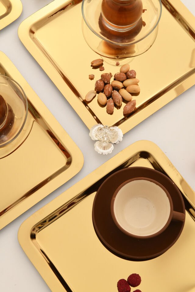 Anter 6 Adet Paslanmaz Kahve Sunum Tepsisi Kare Taşlı Model