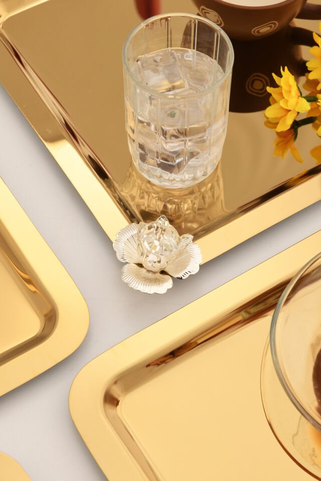 Anter 6 Adet Paslanmaz Kahve Sunum Tepsisi Kare Taşlı Model