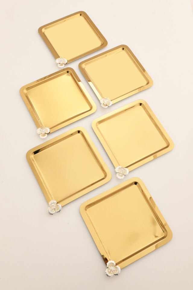 Anter 6 Adet Paslanmaz Kahve Sunum Tepsisi Kare Taşlı Model