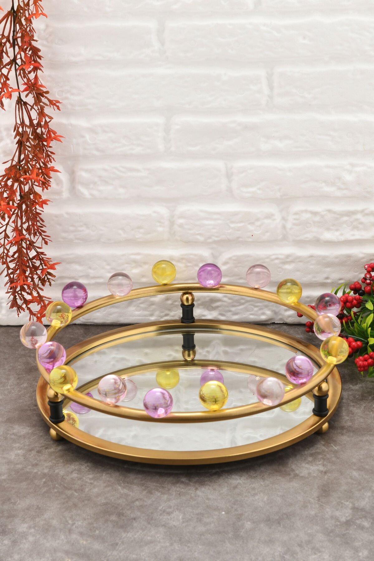 Livon Kristal Boncuklu Lüks Tepsi Eskitme