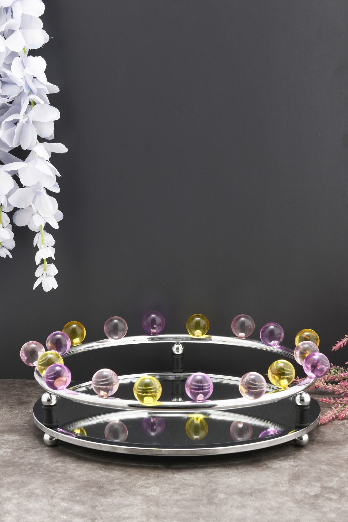 Livon Kristal Boncuklu Lüks Tepsi Krom