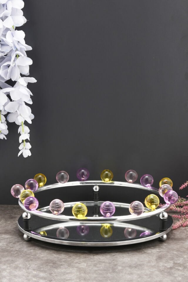 Livon Kristal Boncuklu Lüks Tepsi Krom