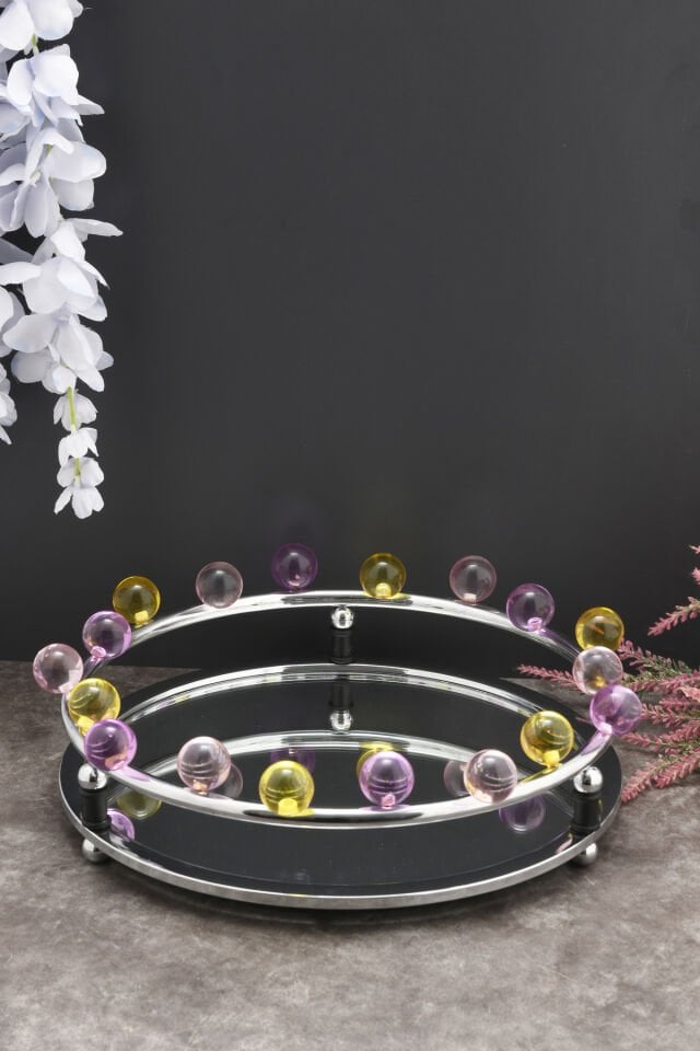 Livon Kristal Boncuklu Lüks Tepsi Krom