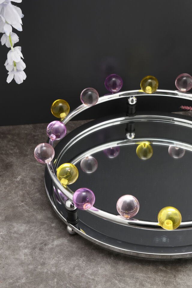 Livon Kristal Boncuklu Lüks Tepsi Krom