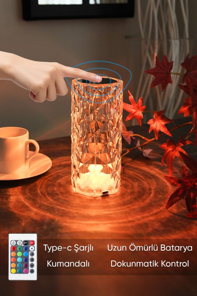 Mini Kristal Şarjlı Dokunmatik Masa Lambası Abajur Gece Lambası 3 Işık Rengi Dim Özellikli Lili
