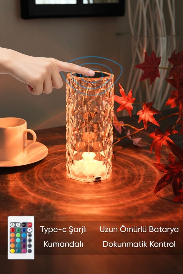Mini Kristal Şarjlı Dokunmatik Masa Lambası Abajur Gece Lambası 3 Işık Rengi Dim Özellikli Lili