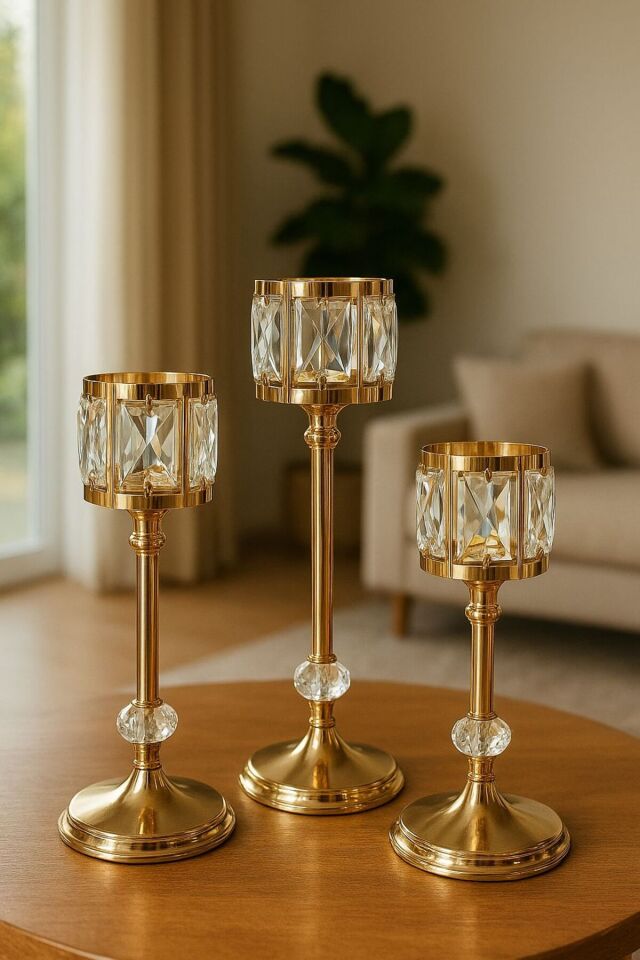 Dialin Gold 3'lü Mumluk Dekoratif Şamdan Kristal Taşlı Paslanmaz Modern Lüks Mum Tutacağı