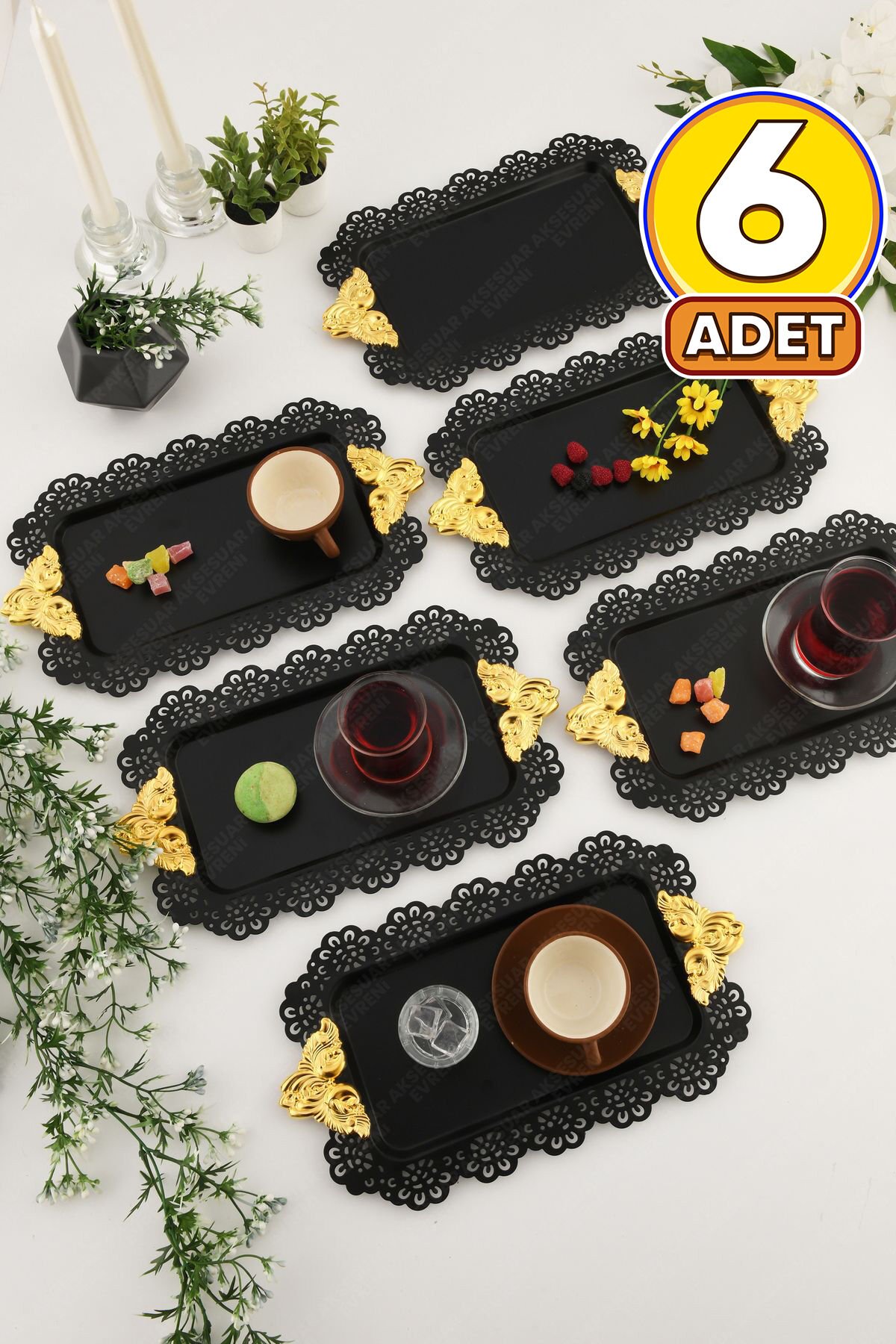 SETA Siyah Dantel Kenarlı Oyma Detaylı Gold Aksesuar Kulplu Dikdörtgen 6'lı Sunum Tepsisi