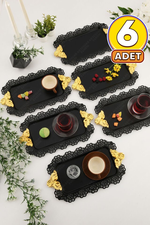 SETA Siyah Dantel Kenarlı Oyma Detaylı Gold Aksesuar Kulplu Dikdörtgen 6'lı Sunum Tepsisi