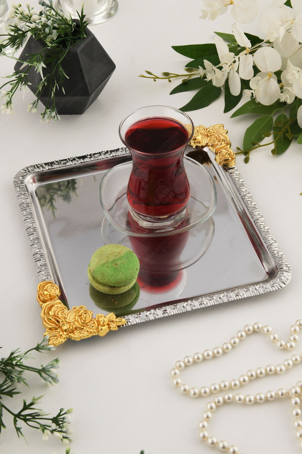 SOLE Gümüş Gold Çiçek Desenli Paslanmaz Dekoratif Kare Sunumluk Tepsi