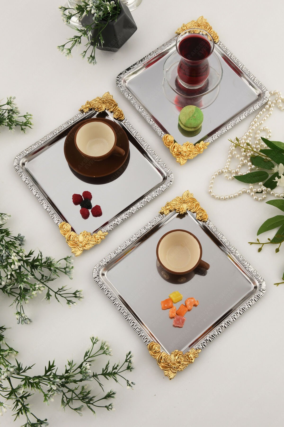 SOLE Gümüş Gold Çiçek Desenli Paslanmaz 3'lü Dekoratif Kare Sunumluk Tepsi