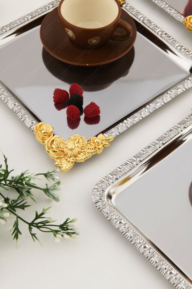 SOLE Gümüş Gold Çiçek Desenli Paslanmaz 3'lü Dekoratif Kare Sunumluk Tepsi