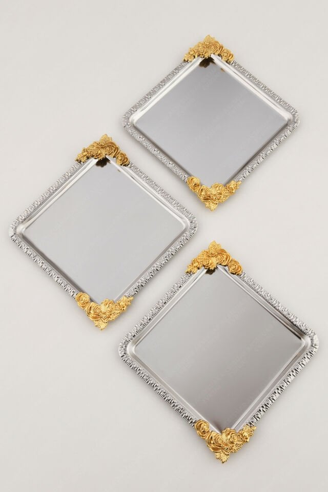 SOLE Gümüş Gold Çiçek Desenli Paslanmaz 3'lü Dekoratif Kare Sunumluk Tepsi